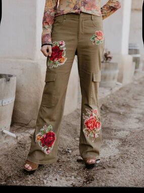 Embroidered Olive Wide-Leg Cargo Pants with Floral Appliqué